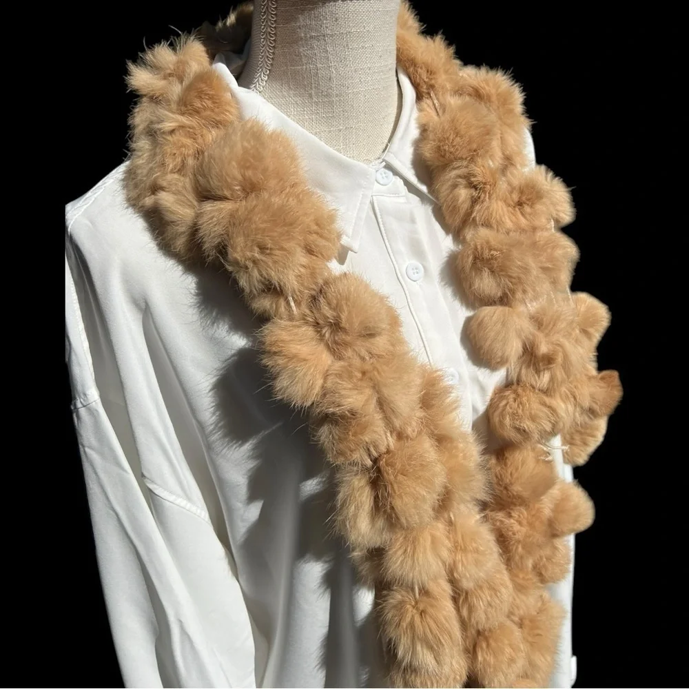 🌻Vintage Genuine Rabbit Fur Soft Warm Tan Pon Pons Scarf
